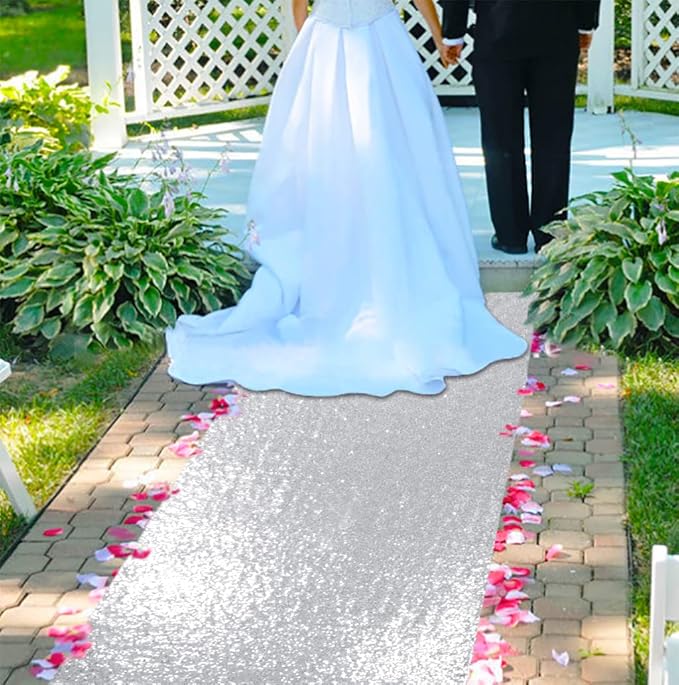 ShinyBeauty Silver Runner (4FTx15FT) Sequin Aisle Runner for Wedding Ceremony