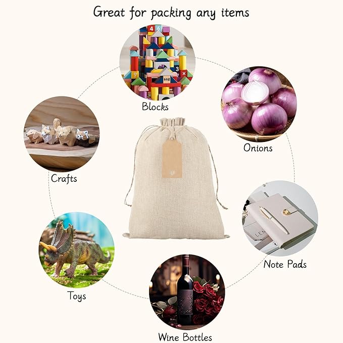Tapleap Burlap Gift Bags with Drawstring - 10Pcs 10x14 Original Sacks with String and Tags for Wrapping Halloween Favors, Clothes, Toiletries, Breads, For Birthday, Wedding or Household Use