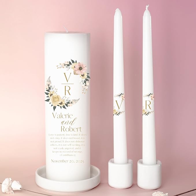 Unity Candles for Wedding, Modern Unity Set, Custom and Personalized Pillar and Taper Candles with Bible Quote, Unscented White Premium Wax, Religious and Wedding Ceremony, Special Events
