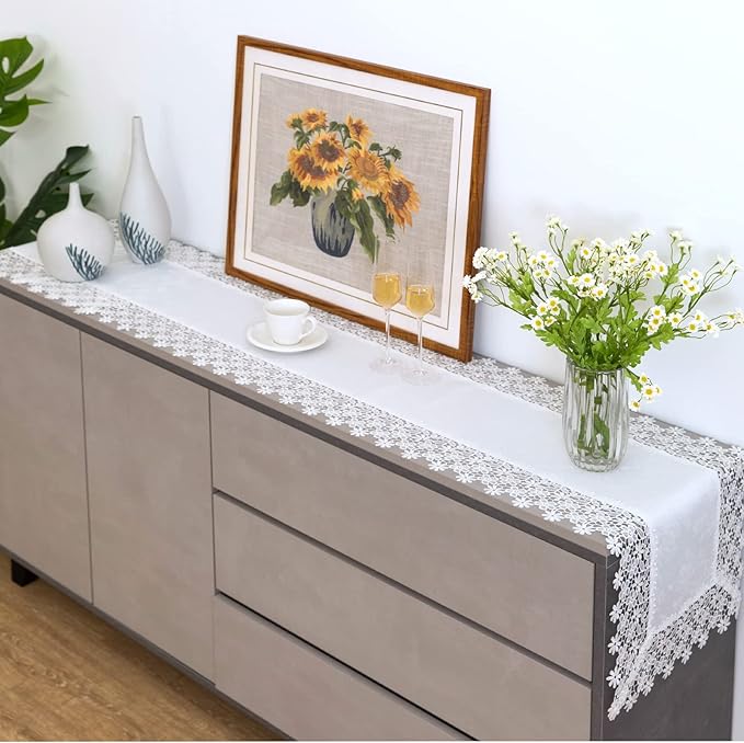 White lace Premium Rectangle Farmhouse Table Runner Waterproof OilProof SpillProof AntiShrink Soft Wrinkle Resistant Decorative Fabric Table Cover Kitchen Dinning Party Wedding Banquet