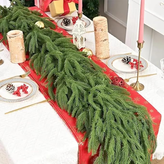 Christmas Decorations Artificial Norfolk Pine Garlands 9FT, 4Pcs Real Touch Winter Pine Garland, Green Artificial Greenery Garland for Table, Mantle, Wall, Indoor, Outdoor Decorations