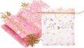 PATIKIL 100 Pcs 5x7 Inch Heart Printed Organza Bags, Pink Sheer Heart Organza Bags with Drawstring for Christmas Candy Jewelry Party Wedding Favor Gift