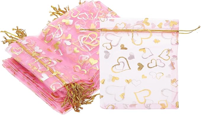 PATIKIL 100 Pcs 5x7 Inch Heart Printed Organza Bags, Pink Sheer Heart Organza Bags with Drawstring for Christmas Candy Jewelry Party Wedding Favor Gift