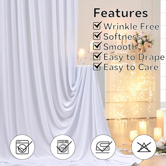 30ft x 15ft White Wrinkle Free Backdrop Curtains for Parties,Silky Polyester Fabric Wedding Ceiling Drapes, 6 Panels 15ft Photo Back Drop Drapes for Baby Shower Photography Stage Background Cloth