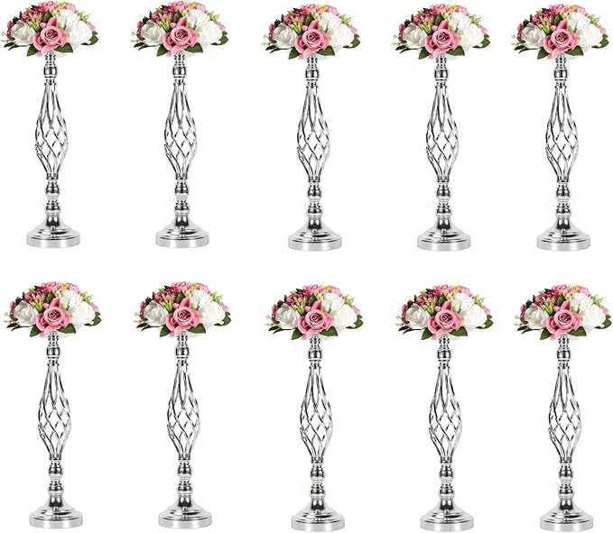 LANLONG 10pcs Metal Silver Candle Holders Road Lead Table Centerpiece Stand Pillar Candlestick for Wedding Candelabra Flowers Vases