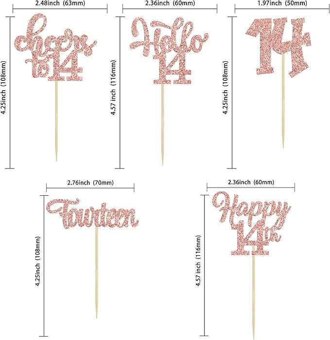 30Pcs 14th Birthday Cupcake Toppers Hello 14 Cupcake Picks Fourteen Cheers to 14 Years Old Cake Decorations for 14th Birthday Anniversary Party Supplies Rose Gold Glitter
