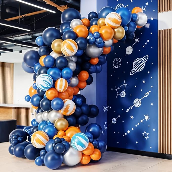 Orange Blue Balloons, Outer Space Party Balloons Set,12 Inch Navy Blue Silver Orange Yellow Agate Latex Balloon, for Boys Girls Space Theme Birthday Party, Graduation Baby Shower