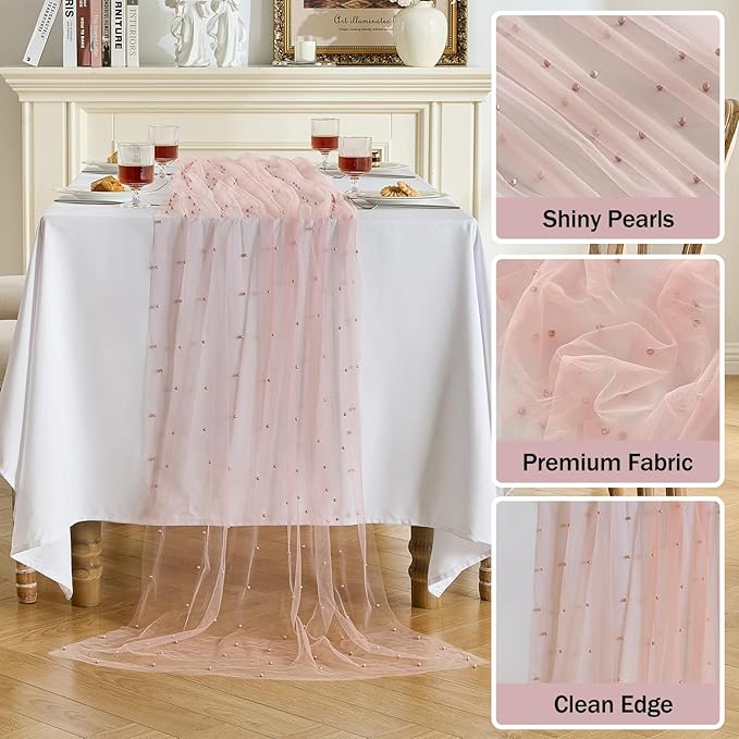 Fanami 3 Pack Pearl Table Runner -10FT Dusty Pink Boho Tulle Table Runners 120 Inches Long Rustic Sheer Lace Fabric Centerpieces for Wedding Arch Birthday Party Bridal Veil Baby Shower Decorations