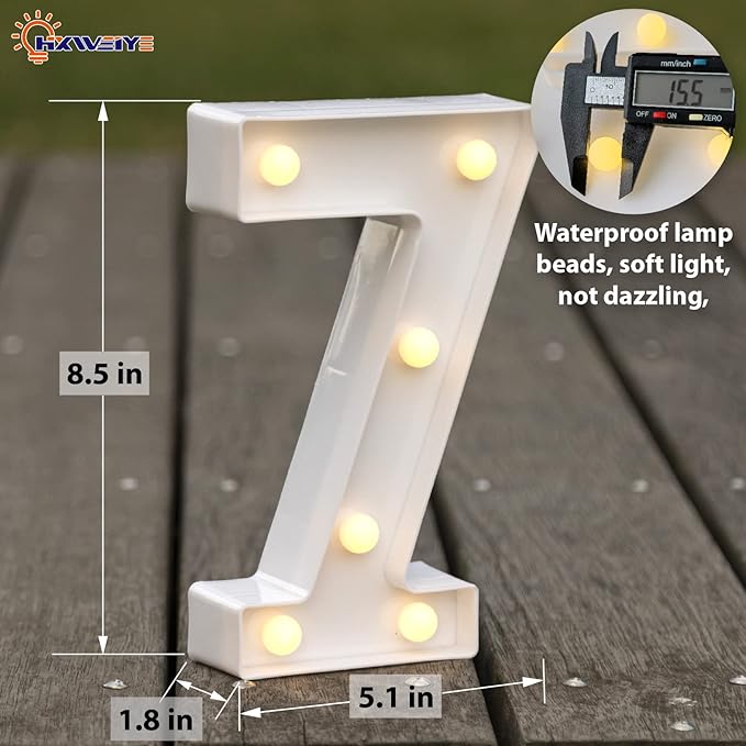 HXWEIYE Marquee Light Up Numbers-7, Led Large Numbers Letters Sign 26 Alphabet and 10 Number for Party Décor, Light Up Letters Battery Powered Warm White Christmas Decoration Numbers Light