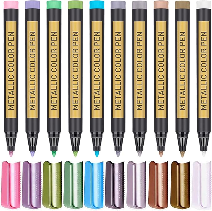JR.WHITE Metallic Paint Markers, 10 Colors for Rock Painting, Black Paper, Scrapbook, Photo Album, DIY Arts & Crafts, Glass, Wood, Card Making