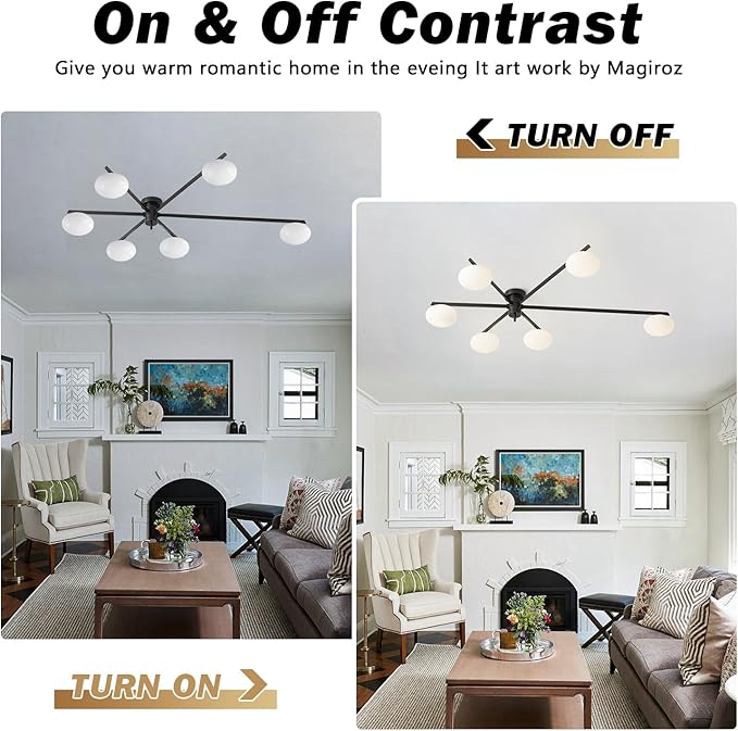 6-Light Mid Century Semi Flush Mount Black Matte Sputnik Chandelier Fixtures with Milk Glass Shade for Foyer MCL01-6 BK
