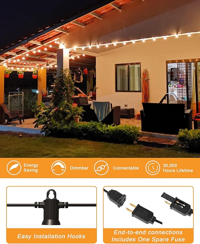 Outdoor String Lights, 25FT Patio Lights with 13 Shatterproof G40 Globe Bulb(1 Spare), Waterproof Connectable Dimmable LED Hanging String Lights for Outside Backyard Porch Balcony, 2700K