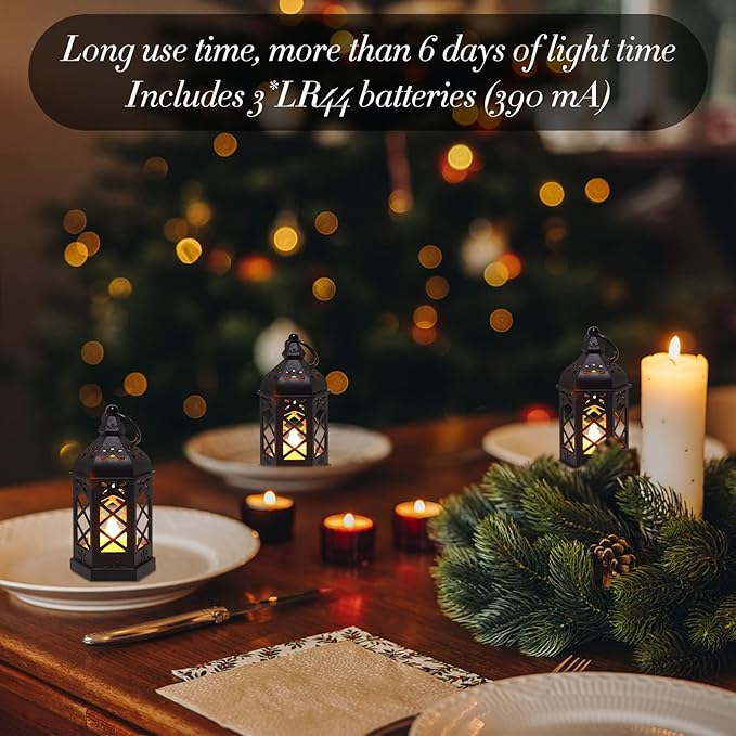 LLQ 12Pcs Mini Lantern with LED Candle, Small Black Lanterns Decorative for Halloween Decorations, Christmas Table Centerpiece, Flickering Candle Holders for Diwali Wedding Medieval Decor, Ornaments