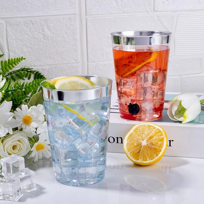 I00000 200 Pack 12 oz Silver Plastic Cups, Silver Rimmed Disposable Cups, Plastic Party Wine Glasses Cocktail Glasses Heavy Duty Cups with Silver Rim, 12 Ounce Tumblers For Party
