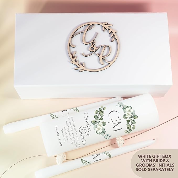 Unity Candles for Wedding, Modern Unity Set, Custom and Personalized Pillar and Taper Candles with Bible Quote, Unscented White Premium Wax, Religious and Wedding Ceremony, Special Events (Greenie)