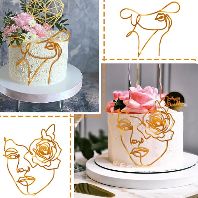 12 Pcs Acrylic Lady Face Cake Topper Minimalist Art Happy Birthday Cake Toppers Women Wedding Cake Decoration for Wedding Birthday Party (Gold)