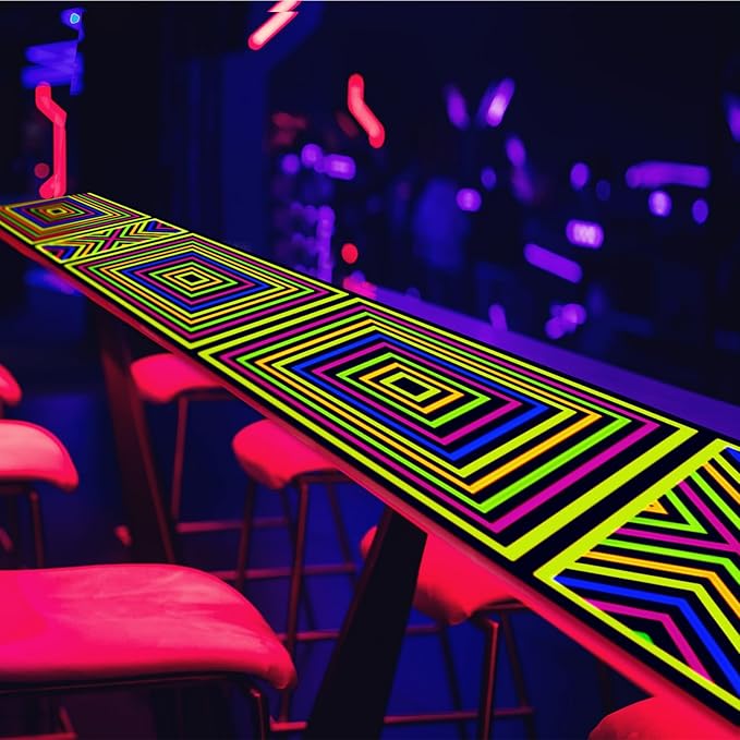 Haull 118 x 39 Inch Neon Light up Dance Floor Glow in The Dark Runner UV Reactive Blacklight Floor Aisle Runner Decor Wall Props for 80s 90s Neon Birthday Party Decorations(Square)