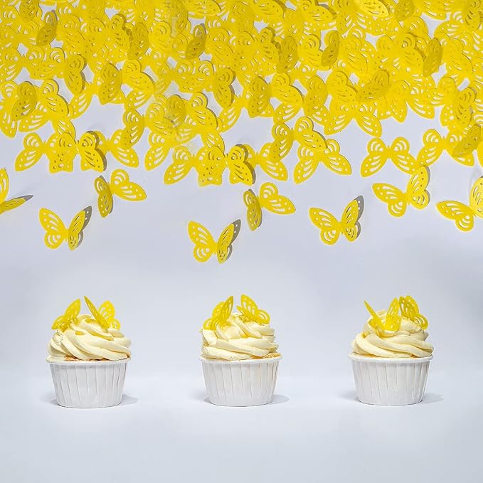 Edible Flowers -Edible leaves -Edible butterflies Wafer Paper Cake Cupcake Toppers for Decorating Rice Paper Food Decorations for Baking Girl Birthday Party (Yellow butterflies60)