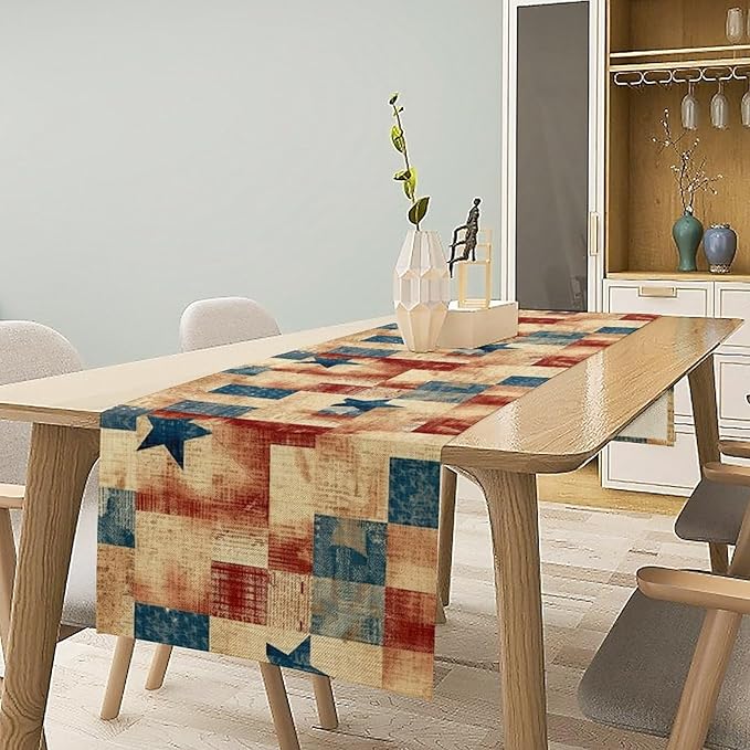 4th of July Table Runner, Rustic Vintage Country Red White Blue American Stars Independence Day Print Table Cover for Farmhouse Kitchen Dining Table Decor, 13x70inch