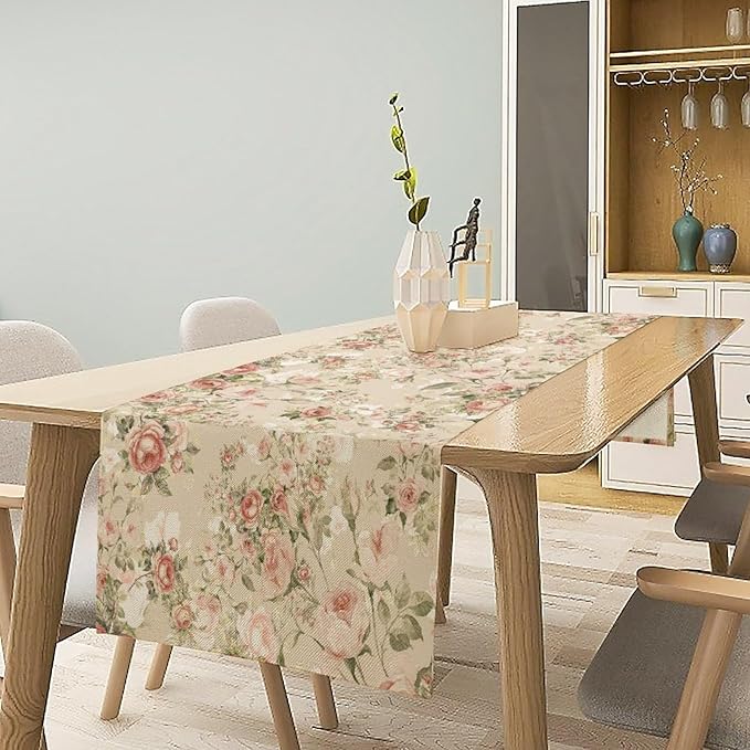 Lovely Rose Table Runner, Red and White Vintage Rose Delicate Floral Natural Pattern Long Table Restaurant Kitchen Holiday Party Decoration,13in（33cm） W * 120in（305cm） L