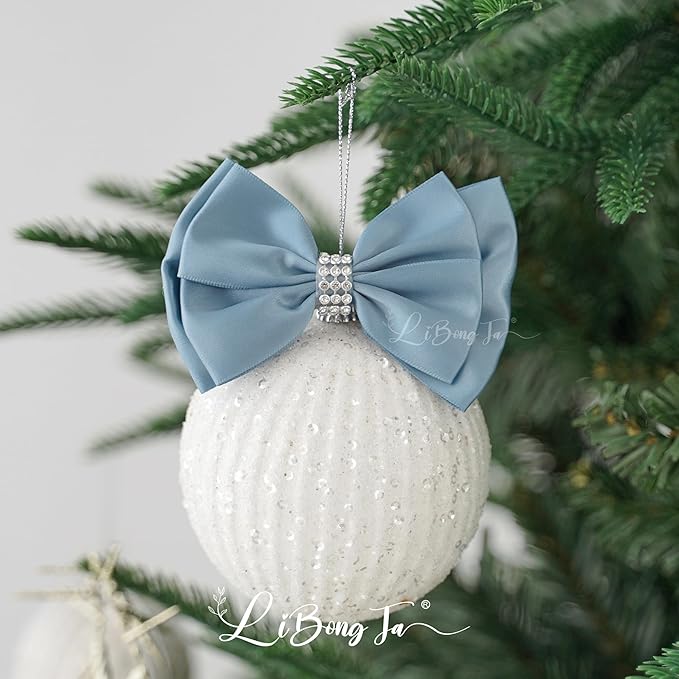 Satin Bows 4'' Premade Dusty Blue Ribbon Bow, Blue Gift Bows With Rhinestone, Wrapping Bows For Presents, Greeting Cards, Treat Bags, Wine Bottles, Valentines Bows For Gift Wrapping-12 Counts