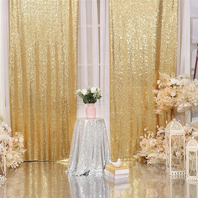 Eternal Beauty Gold Sequin Backdrop Curtains, Shimmer Back Drop 2Panels-2FTx8FT for Christmas, Party, Birthday, Photography, Wedding, Baby Shower Event Decoration
