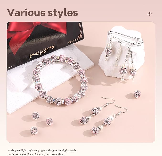 200pcs 10mm Rhinestone Beads for Jewelry Making, Pink White Shiny Round Disco Ball Beads Bulk, Sparkle Crystal Clay Christmas for Bracelet Baseball Necklace Earring Crafting and DIY