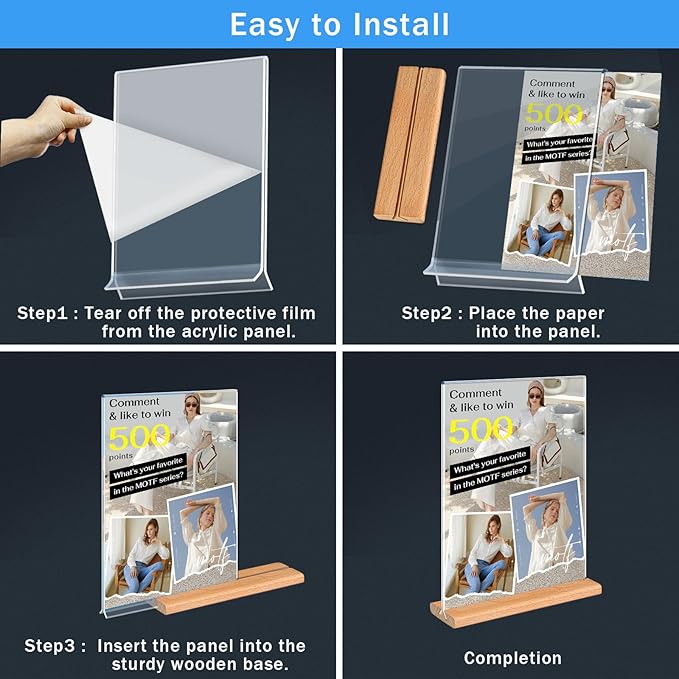 Kersally Acrylic Sign Holder 6 x 4, 3 Pack Double-Sided Clear Table Display Stands with Wood Base,Horizontal Acrylic Frame Menu Flyer Paper Holder for Store, Restaurant, Hotel, Office, Show Fair