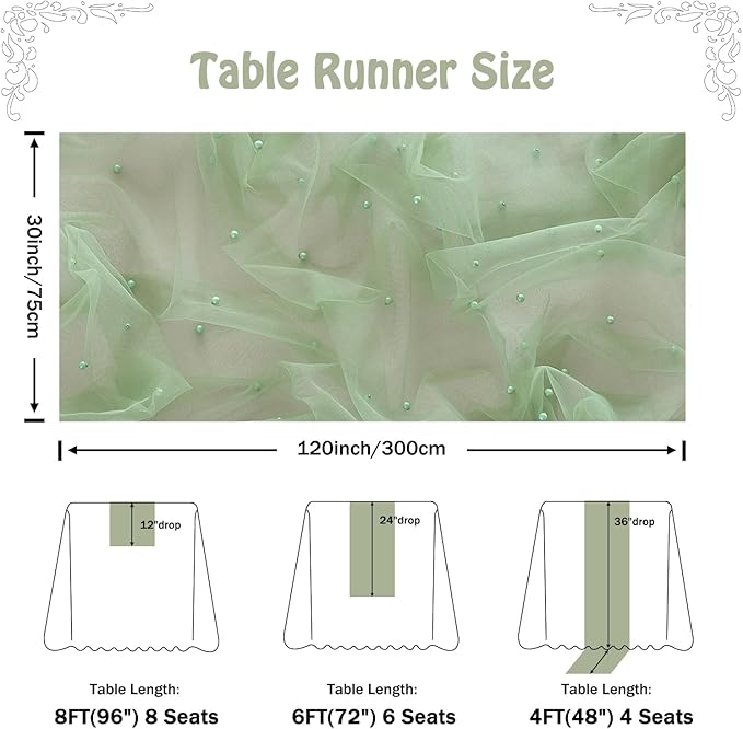 Fanami 1 Pack Pearl Table Runner -10FT Sage Green Boho Tulle Table Runners 120 Inches Long Rustic Sheer Lace Fabric Centerpieces for Wedding Arch Birthday Party Bridal Veil Baby Shower Decorations