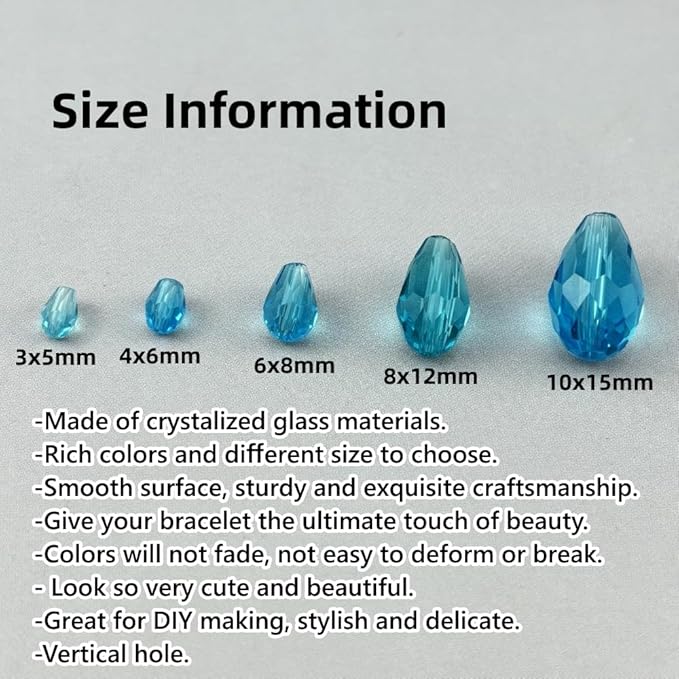 130pcs 6x8mm Teardrop Crystal Glass Beads for Jewelry Making, Faceted Vertical Hole Teardrop Glass Spacer Beads for Wind Chimes Bracelet Earring Necklace DIY Craft(Lake Blue)