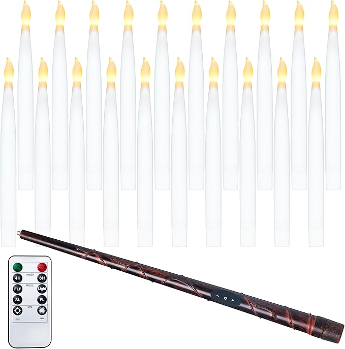 JOYIN 20Pcs Halloween Floating Candles with Wand Remote Flickering Warm Light Taper Magic Hanging Candles with 2 Light Mode and Timer Flameless LED Candle for Halloween Window Decorations Party Gift