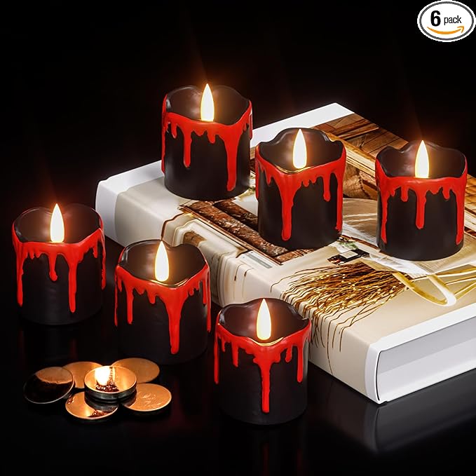 Halloween Black Votive Candles Battery Operated with Long Lasting CR2450 Batteries, LED Flameless Flickering Candles with 6H Timer, 6Pcs Black and Red Drip Wax Candle Gothic Home Decor