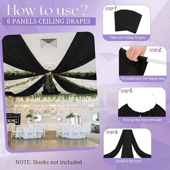 6 Panels Black Ceiling Drapes for Wedding, 5ftx10ft Ceiling Drapes Cheesecloth Sheer Fabric Curtain Wedding Arch Draping Fabric Romantic Ceilings Decorations for Weddings Party Ceremony Stage