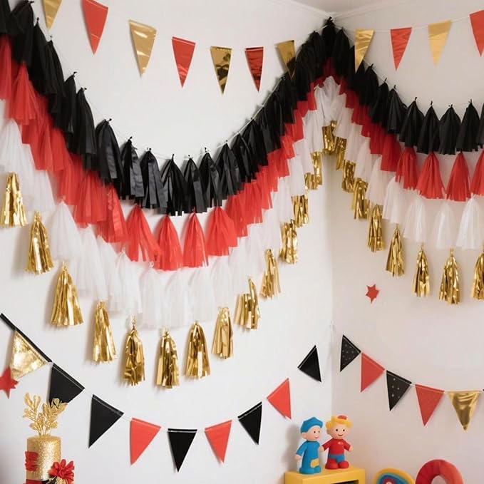 Red Black White Gold Paper Tassel, 20 Pack, Party Decorations for Birthday, Baby Shower, Sprot Game,Graduation