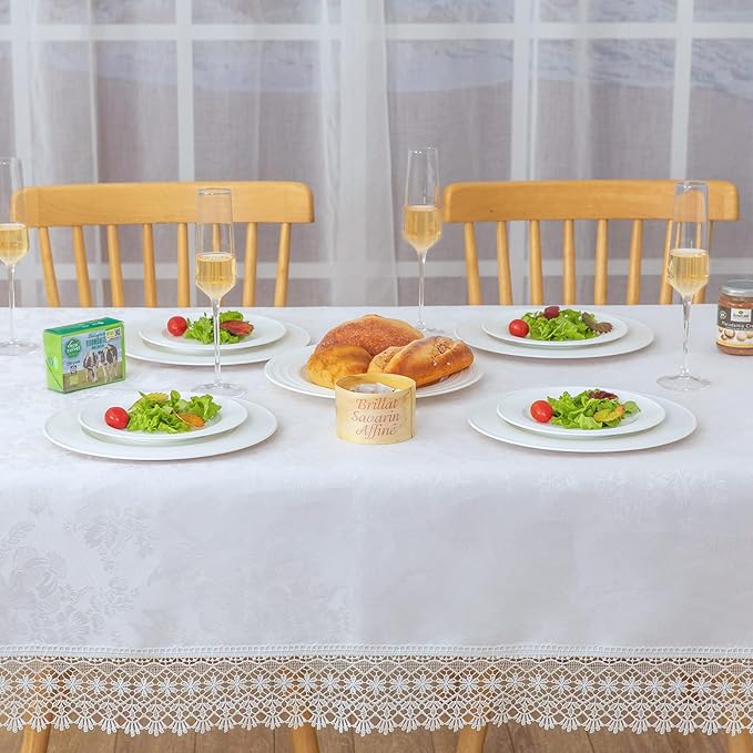 White lace Premium Rectangle Farmhouse Tablecloth Waterproof OilProof SpillProof AntiShrink Soft Wrinkle Resistant Decorative Fabric Table Cover Kitchen Dinning Party Wedding Banquet