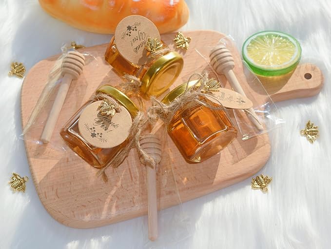 IIKUM 40 Pack Glass Honey Jars, 1.5 oz Hexagon Honey Pots with Lids, Dippers, Bee Pendants, Gift Bags, Thank You Cards, Jute and Stickers-Great Honey Jars Set for Baby Shower, Wedding and Party Favors