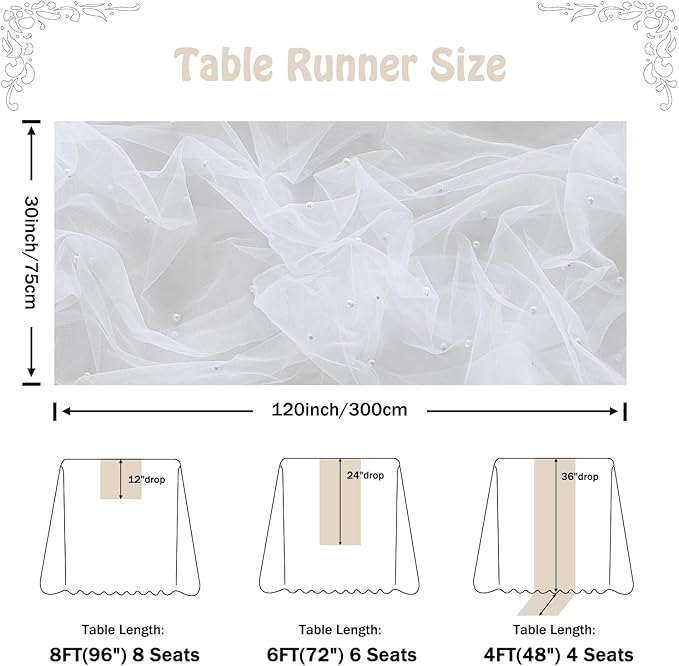 Fanami 1 Pack Pearl Table Runner -10FT Ivory White Boho Tulle Table Runners 120 Inches Long Rustic Sheer Lace Fabric Centerpieces for Wedding Arch Birthday Party Bridal Veil Baby Shower Decorations