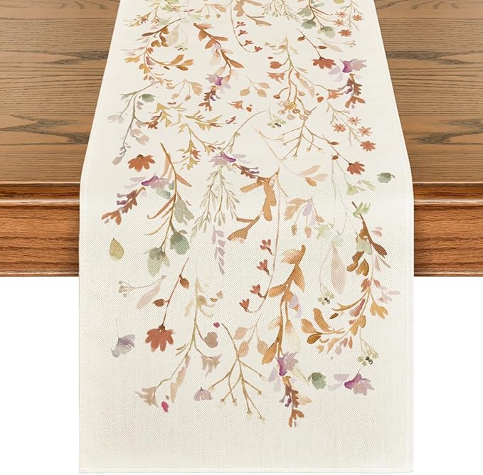 Artoid Mode Floral Leaves Fall Table Runner, Wild Flowers and Grasses Seasonal Autumn Kitchen Dining Table Decoration for Home Party Decor 13x108 Inch
