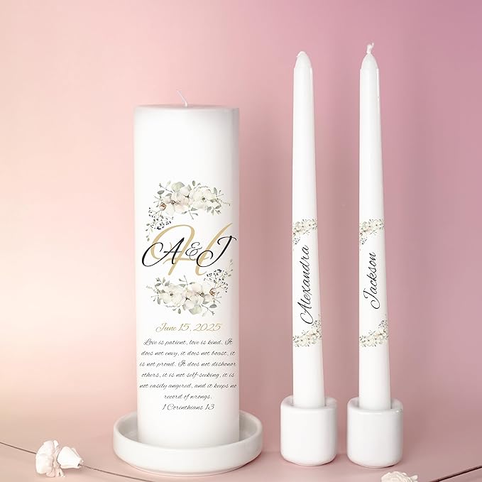 Unity Candles for Wedding, Modern Unity Set, Custom and Personalized Pillar and Taper Candles with Bible Quote, Unscented White Premium Wax, Religious and Wedding Ceremony, Special Events (Camellia)