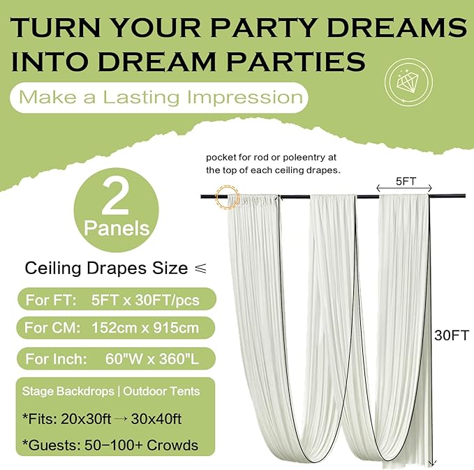 PartyVillage 2 Panels 5ftx30ft Ivory Ceiling Drapes for Wedding Parties – 30 FT Extra Long Thick Polyester Wrinkle-Free Drapery Tent Decor Decorations for Birthday Party Ceremony Stage Swag