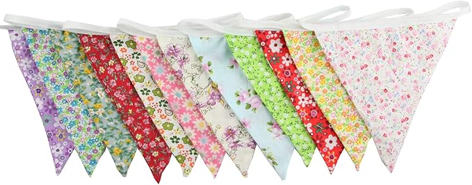 10M/32Ft Triangle Bunting Banner, 36 Pcs Cotton Fabric Flags Pennant Garlands for Birthday Party, Wedding, Baby Shower, Outdoor and Home Decorations (Colorful)