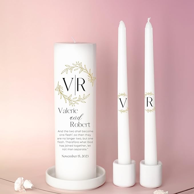 Unity Candles for Wedding, Modern Unity Set, Custom and Personalized Pillar and Taper Candles with Bible Quote, Unscented White Premium Wax, Religious and Wedding Ceremony, Special Events (Laurel)