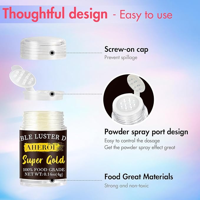Aheroi Edible Glitter, 24 Colors Luster Dust Edible, Cocktail Glitter Luster Dust Sprinkles Drink Glitter Set, Shimmering Glitter Powder Glitter for Fondant Cake Chocolate Cocktail Candy（4g/0.14oz）