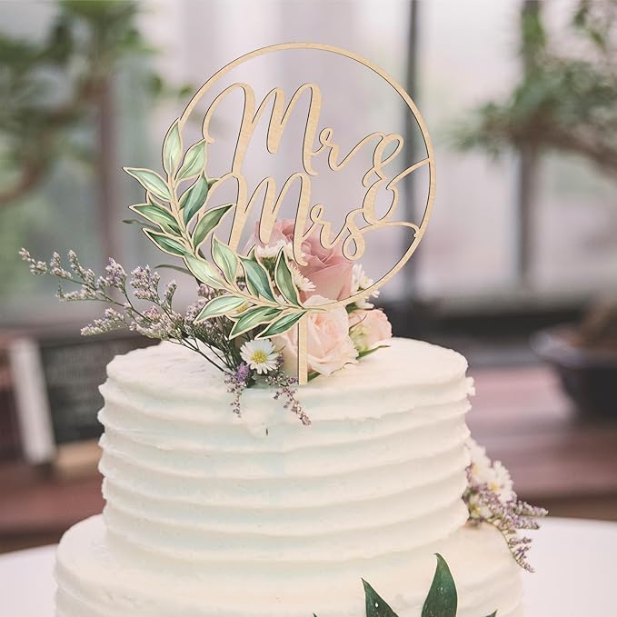 Mr & Mrs Cake Topper Greeny Wedding Cake Topper in Wood (Design 02)