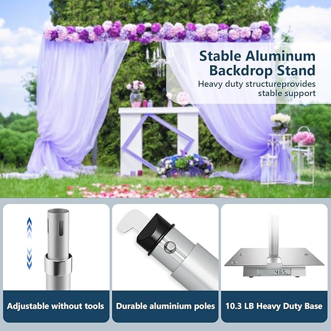 SLOW DOLPHIN 10x 8.6ft Pipe and Drap Backdrop Stand Kit,Heavy Duty Adjustable Frame Backdrop Stand for Event, Birthday Party, displays and Wedding Decoration