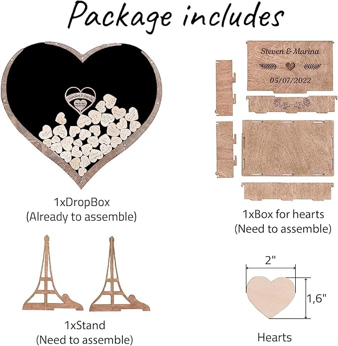 Rustic Personalized Wedding Guest Book: Heart Drop Design, Heart, Circle & Rectangle Frames. Premium Wooden Drop Box, Unique Bridal Decor & Gift