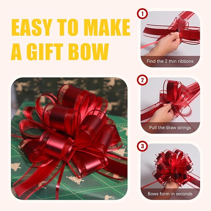 12 PCS 6 Inch Organza Red Pull Bows - Perfect for Gift Wrapping, Wedding Decor, Car Bows, Birthday Parties, Christmas and Valentine's Day
