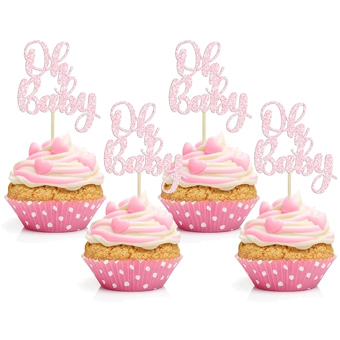 Gyufise 36Pcs Oh Baby Cupcake Toppers Glitter Baby Shower Cupcake Picks for Gender Reveal Baby Shower Kids Boys Girls Birthday Party Cake Decorations Supplies Light Pink