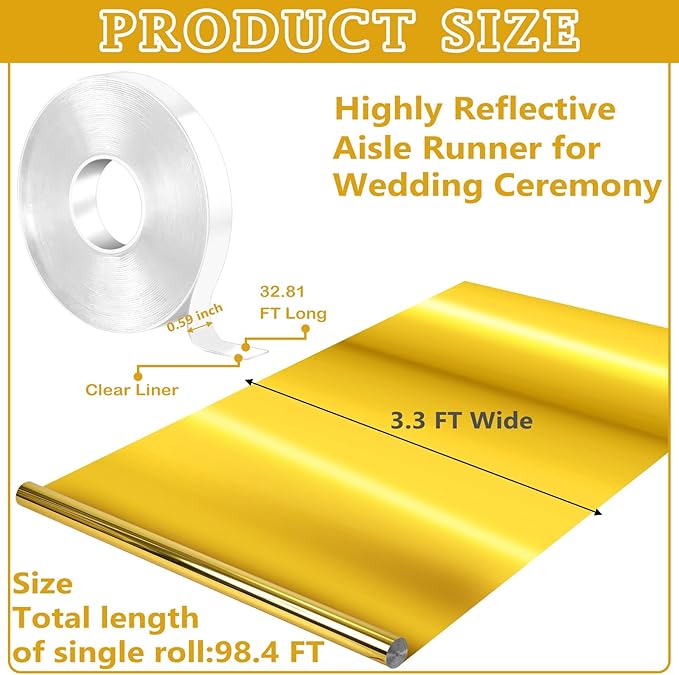 3.3 x 98.4 ft Mirror Rug Aisle Runner for Wedding Ceremony Double Sided Reflective Carpet Aisle Runner Walkway Rug Roll for Outdoor Birthday Graduation Party Decor(Gold)