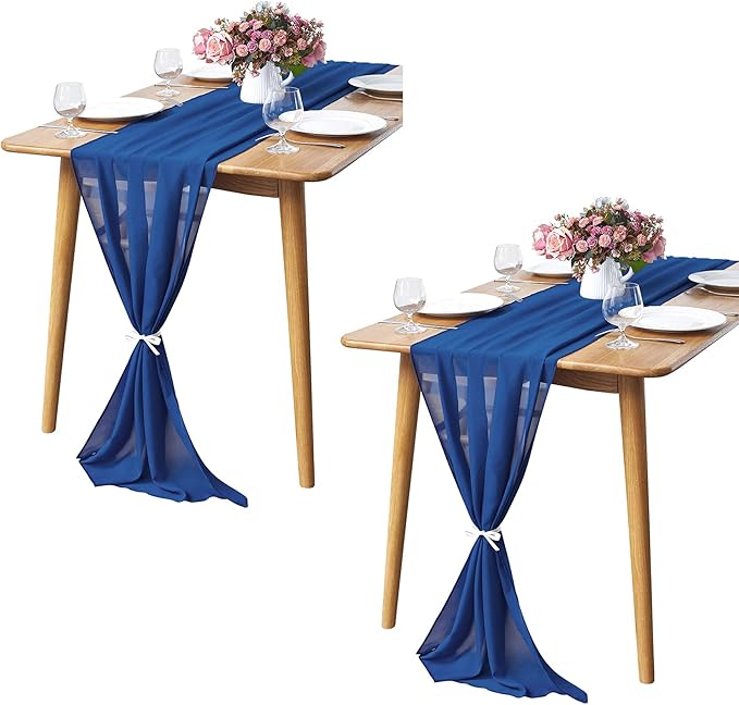 2 Pack 10Ft Royal Blue Chiffon Table Runner Sheer 29x120 Inch for Romantic Wedding Decor Bridal & Baby Shower Birthday Rustic Party Decoration